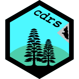 The package icon for R cdrs. The icon is a hexagonal shape like other R package icons. It has a black border, with a blue and green interior. The interior depicts text that reads 'cdrs' in courier font, the silhouette of two cedar trees, and a small grey polygon reminiscent of the California Delta boundary.